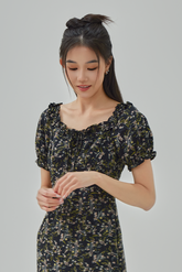 Lynie Ruffled Neck Floral Printed Midi Dress